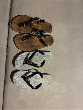 Michael Kors Black-Strap Flip Flops with Gold MK Logo